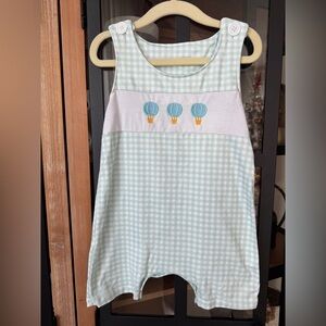 Hot air balloons appliqué shortall romper toddler boy jon jon gingham mint